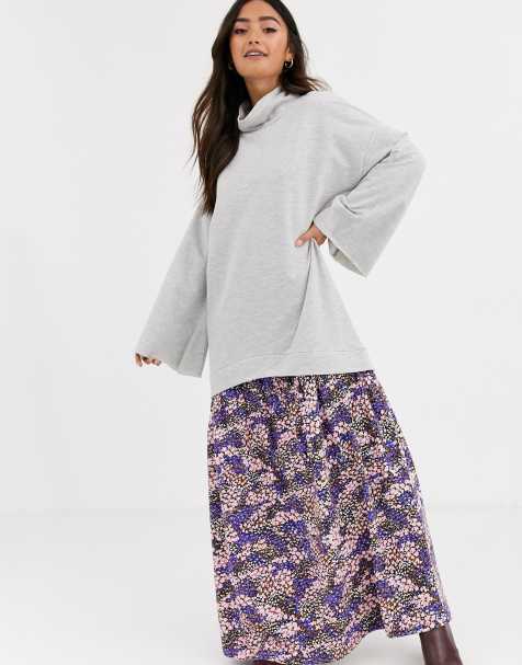 ASOS DESIGN – Graues Sweatshirt-Maxikleid mit geblümtem Saum