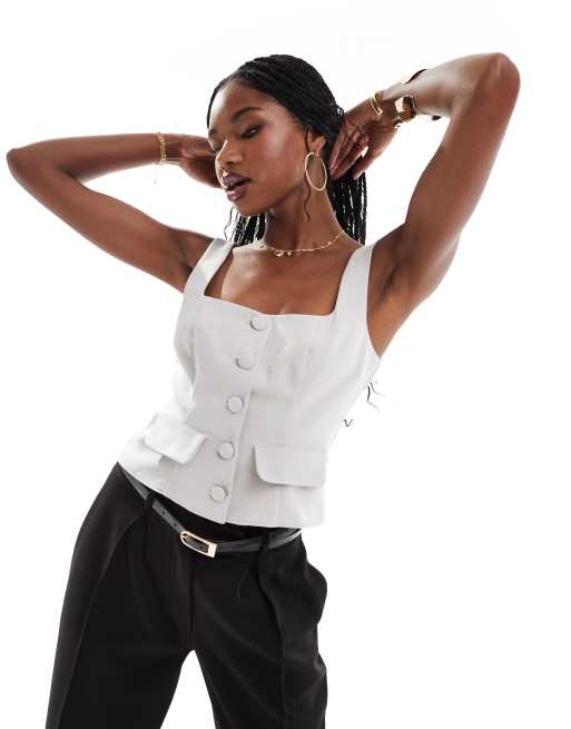 ASOS DESIGN – Graues Westenoberteil mit eckigem Ausschnitt und Knopfleiste vorne