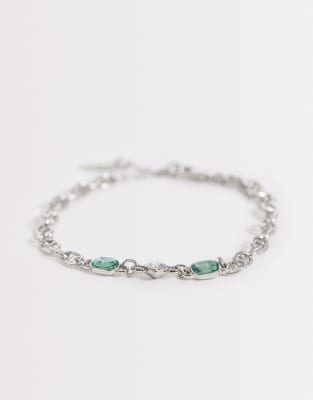 Asos Design Green And Crystal Stone Chain Bracelet In Metallic