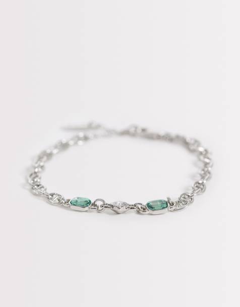 ASOS DESIGN green and crystal stone chain bracelet in silver - view 1