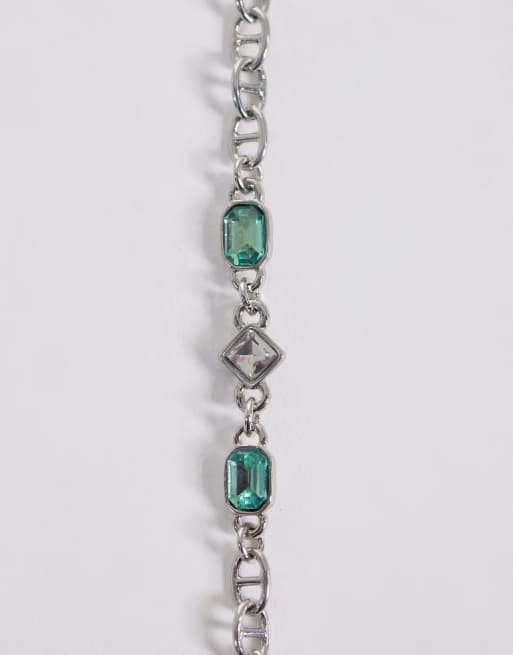 ASOS DESIGN green and crystal stone chain bracelet in silver, 3 of 3
