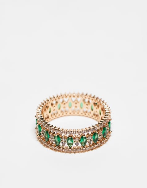 ASOS DESIGN green crystal plain band in gold - view 1