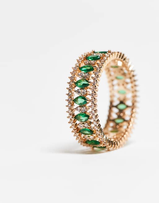ASOS DESIGN green crystal plain band ring in gold