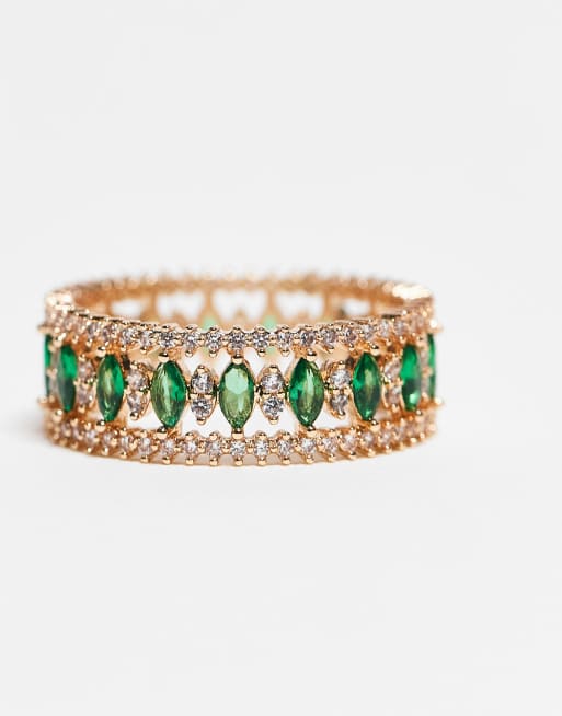 ASOS DESIGN green crystal plain band ring in gold