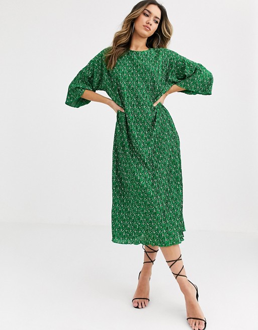 ASOS DESIGN green ditsy print midi plisse huge t-shirt dress