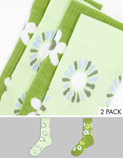 ASOS DESIGN green floral 2 pack ankle sock