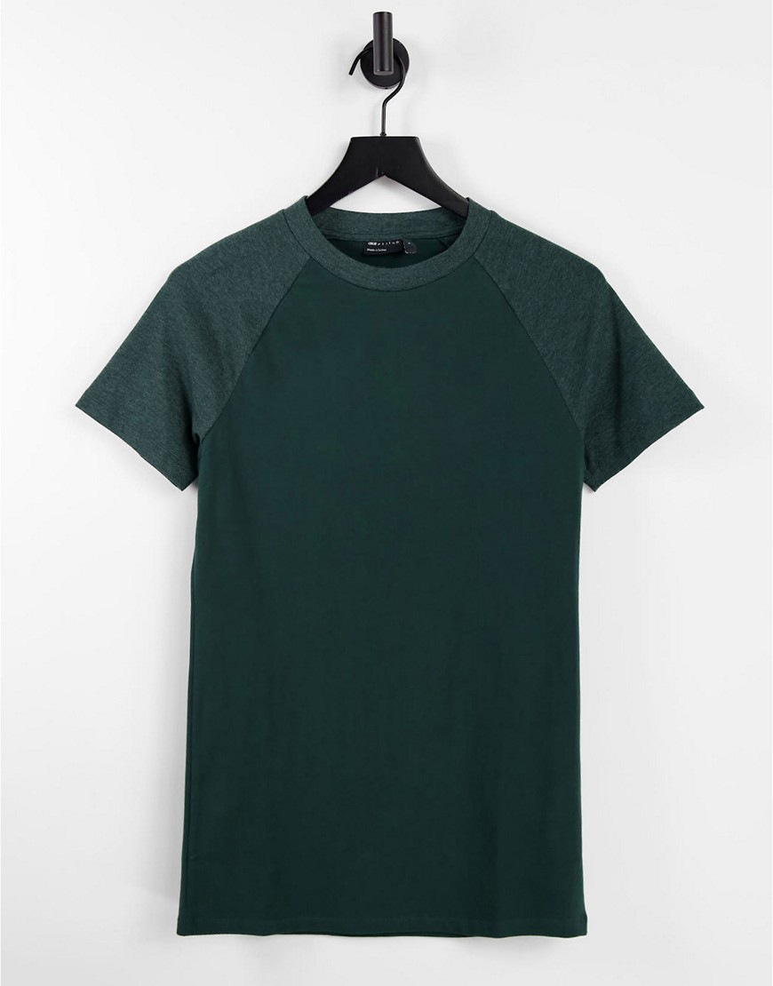 ASOS DESIGN green muscle fit raglan t-shirt with contrast sleeves in dark heather