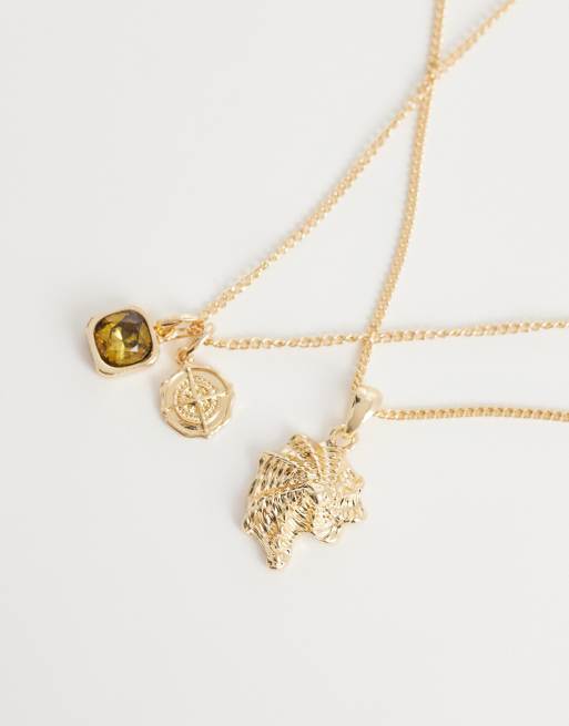 ASOS DESIGN green stone and shell pendant necklace in gold, 4 of 4