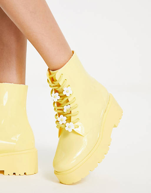 Loneliness Monument reflect ASOS DESIGN Greenery daisy lace up wellie boots in pale yellow | ASOS
