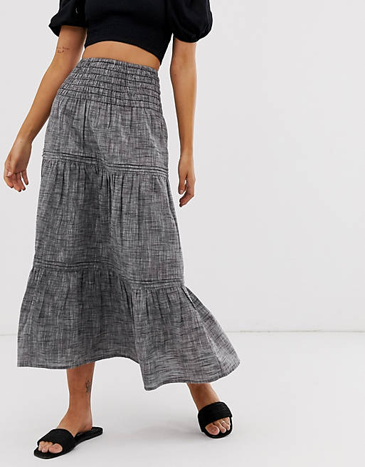ASOS DESIGN grey chambray tiered midi skirt