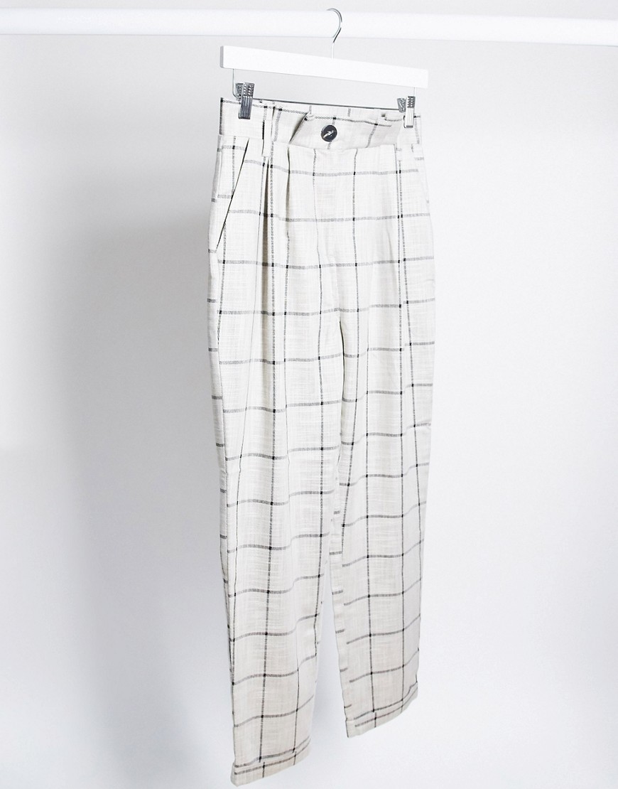 ASOS DESIGN grid check tapered pants with paperbag waist-Multi