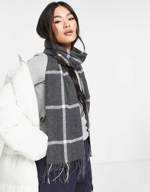 ASOS DESIGN grid check tassel scarf in grey | ASOS