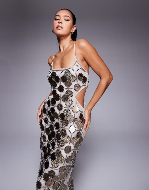 ASOS DESIGN grid embellished cutwork midi dress in pewter