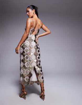 ASOS DESIGN grid embellished cutwork midi dress in pewter | ASOS