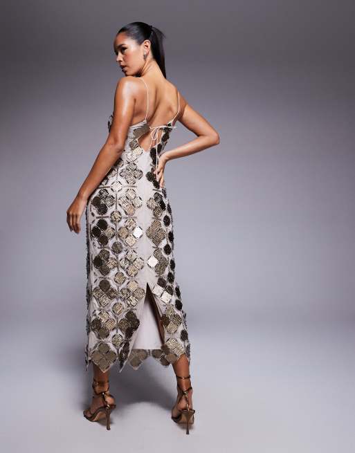 ASOS DESIGN grid embellished cutwork midi dress in pewter | ASOS