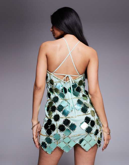 ASOS DESIGN grid embellished halter mini dress in green
