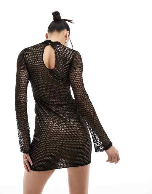 ASOS DESIGN grid mesh long sleeve mini dress with keyhole collar