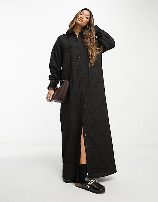 ASOS DESIGN grid texture maxi shirt dress in black
