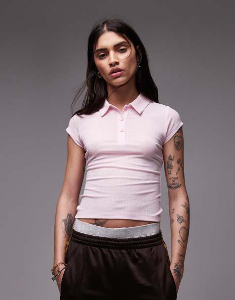 ASOS DESIGN – Griffiges Polo-T-Shirt in Babyrosa mit Kappärmeln - view 1