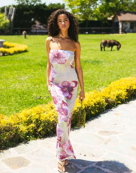 ASOS DESIGN - Grøn bandeau-maxikjole med blomstermønster i gennemsigtigt mesh - view 1