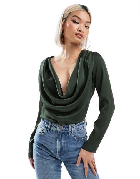 ASOS DESIGN - Grøn bodystocking i satin med vandfaldsudskæring - view 1