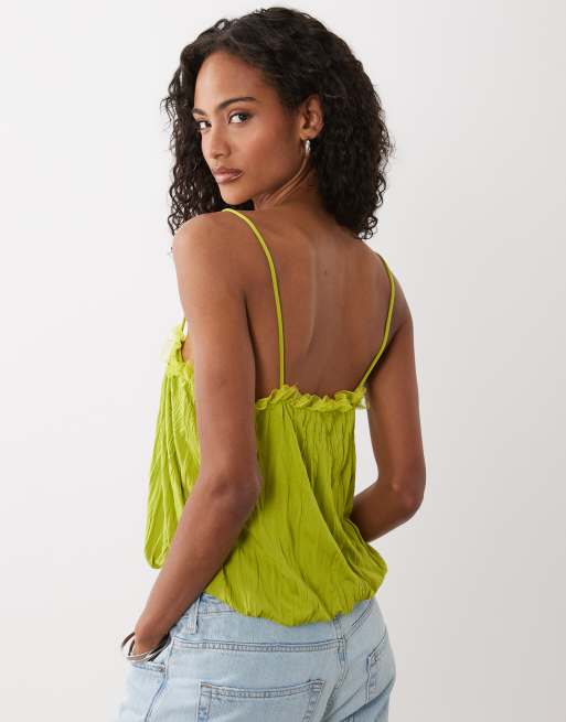 ASOS DESIGN - Grøn cami-top i krølstof med boblekant og mesh-kant, 2 af 4