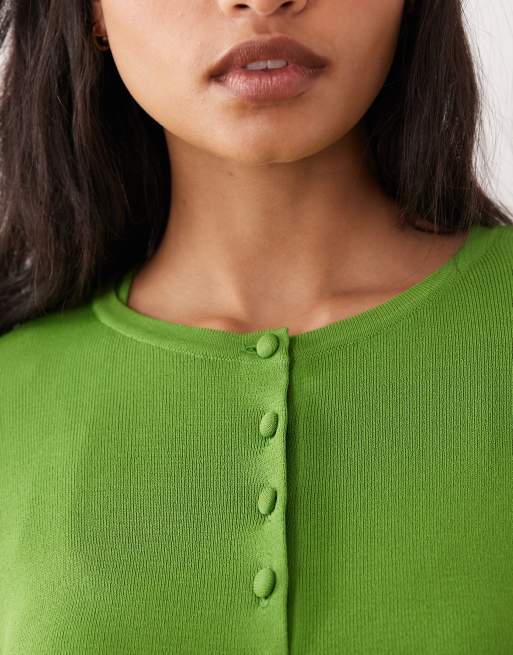 ASOS DESIGN - Grøn cardigan i kompakt strik med rund hals og stofbeklædte knapper, 2 af 4