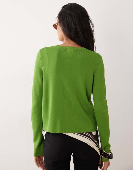 ASOS DESIGN - Grøn cardigan i kompakt strik med rund hals og stofbeklædte knapper, 4 af 4