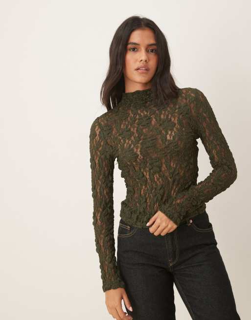ASOS DESIGN - Grøn gennemsigtig blondetop med høj hals og lange ærmer, 4 af 4
