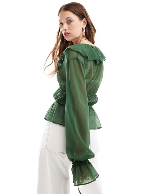ASOS DESIGN - Grøn gennemsigtig bluse med flæser og bindebånd foran i chiffon, 4 af 4
