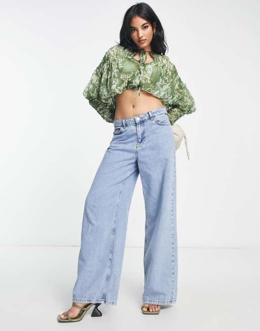 ASOS DESIGN - Grøn gennemsigtig bluse med rynkede blouson-ærmer og blomstermønster, 4 af 4