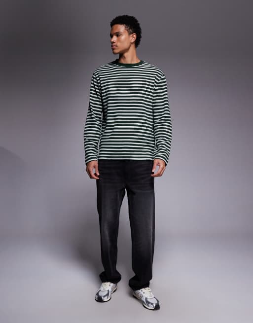 ASOS DESIGN - Grøn kraftig afslappet T-shirt med lange ærmer, tekstur og striber, 2 af 5