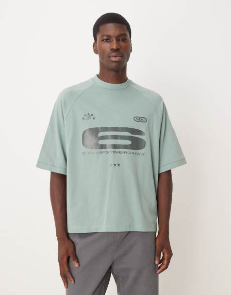 ASOS DESIGN - Grøn kraftig oversized raglan-T-shirt med skinnende sportsgrafik i firkantet pasform - view 1