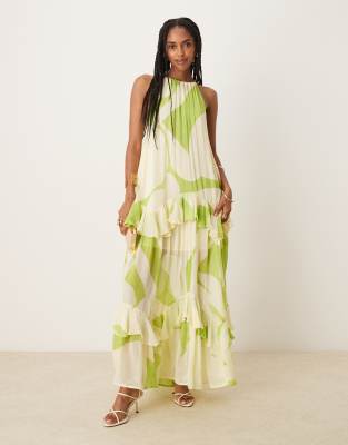 ASOS DESIGN - Grøn lagdelt maxikjole med halterneck, lange ærmer, flæser og abstrakt print - view 1