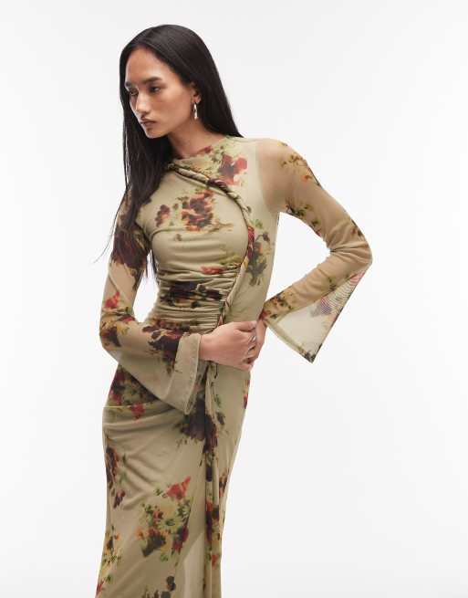 ASOS DESIGN - Grøn langærmet maxikjole med snoet detalje og blomsterprint i mesh, 2 af 4