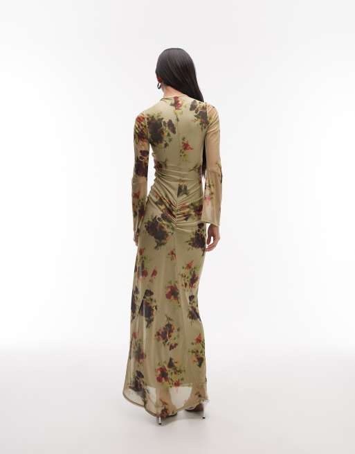 ASOS DESIGN - Grøn langærmet maxikjole med snoet detalje og blomsterprint i mesh, 3 af 4