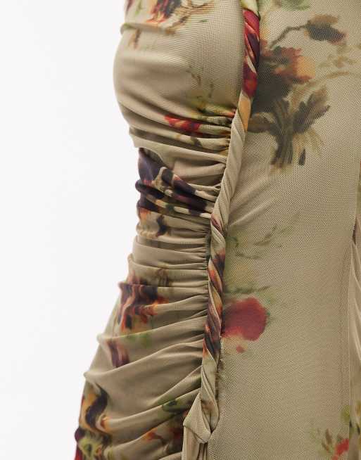 ASOS DESIGN - Grøn langærmet maxikjole med snoet detalje og blomsterprint i mesh, 4 af 4