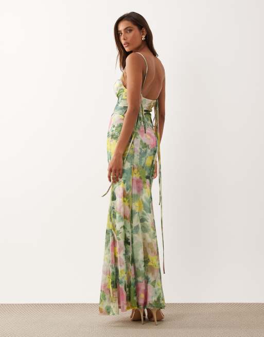 ASOS DESIGN - Grøn maxikjole i mesh med blomsterprint og synlige syninger samt skåldetaljer, 3 af 4