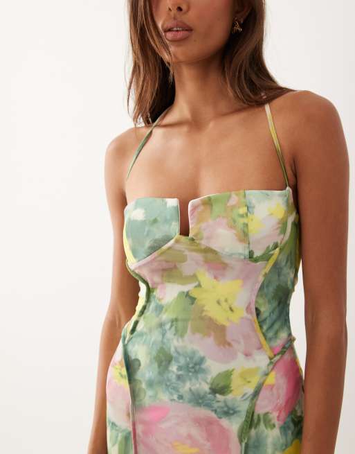 ASOS DESIGN - Grøn maxikjole i mesh med blomsterprint og synlige syninger samt skåldetaljer, 4 af 4