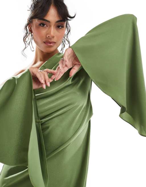 ASOS DESIGN - Grøn maxikjole i satin med asymmetrisk kant og ekstrem oneshoulder, 3 af 4
