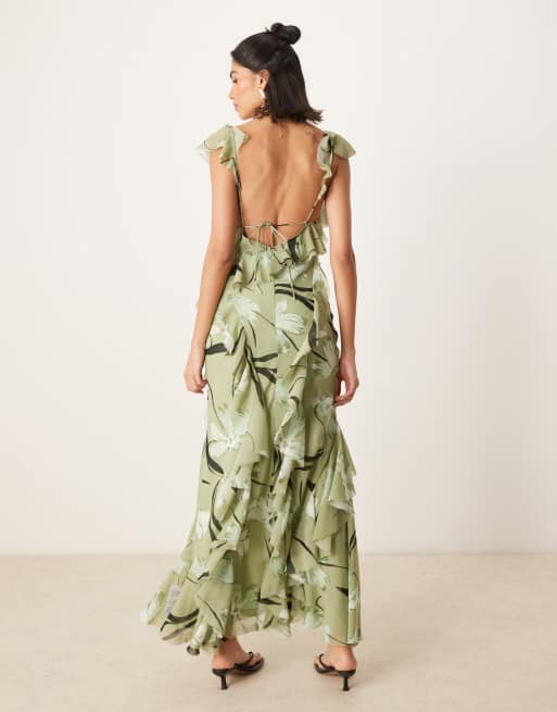 ASOS DESIGN - Grøn maxikjole med blomsterprint og åben ryg samt tværsnit og flæser, 2 af 4