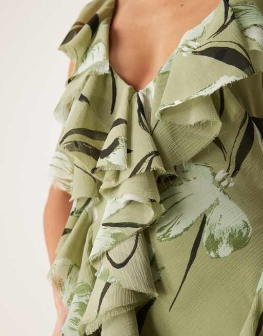 ASOS DESIGN - Grøn maxikjole med blomsterprint og åben ryg samt tværsnit og flæser, 4 af 4