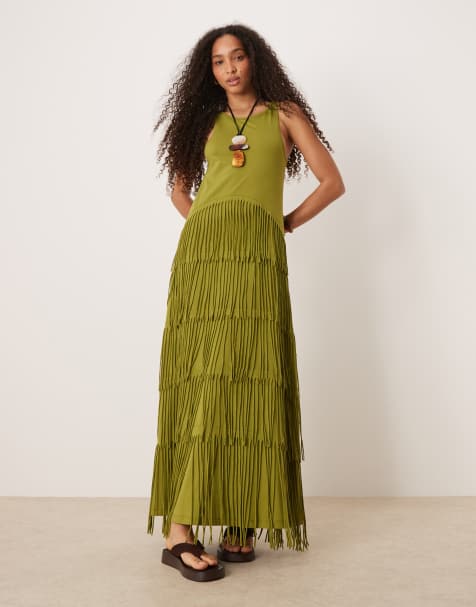 ASOS DESIGN - Grøn maxikjole med dyb racerhals og frynser - view 1