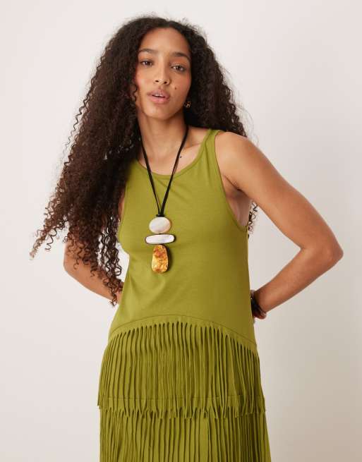 ASOS DESIGN - Grøn maxikjole med dyb racerhals og frynser, 4 af 4