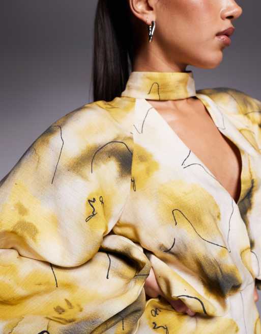 ASOS DESIGN - Grøn maxikjole med høj hals, dyb udskæring, blouson-ærmer og abstrakt print, 3 af 4