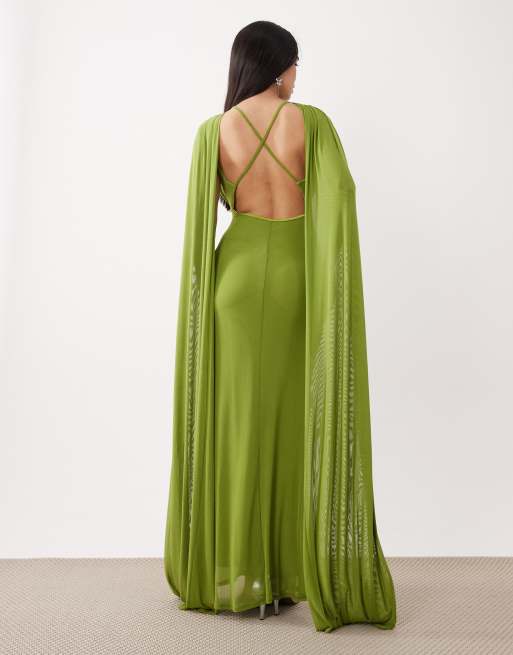 ASOS DESIGN - Grøn maxikjole med kappedesign og draperinger i mesh, 3 af 4