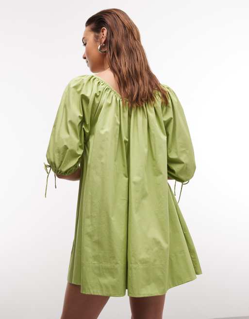 ASOS DESIGN - Grøn minikjole i poplin med dyb rund hals og bindeærmer, 2 af 4
