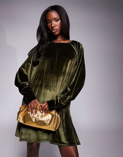 ASOS DESIGN - Grøn minikjole med voluminøse ærmer i velour - view 1