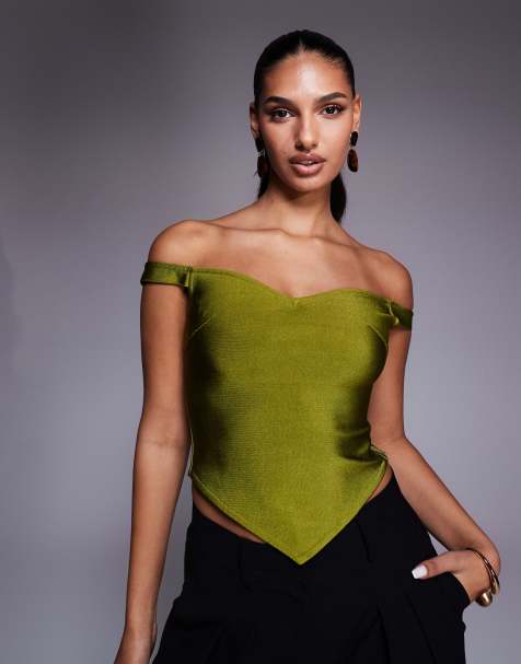 ASOS DESIGN - Grøn offshoulder-top med asymmetrisk kant i bandage-stil - view 1