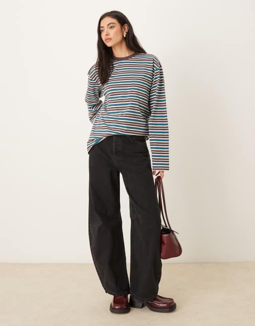 ASOS DESIGN - Grøn og chokoladebrun langærmet skater-T-shirt med striber, 2 af 4